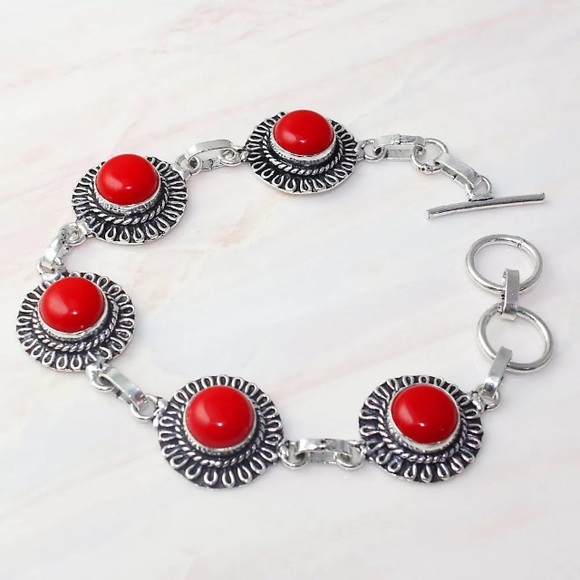 Red Coral & Silver Bracelet - Picture 1 of 1